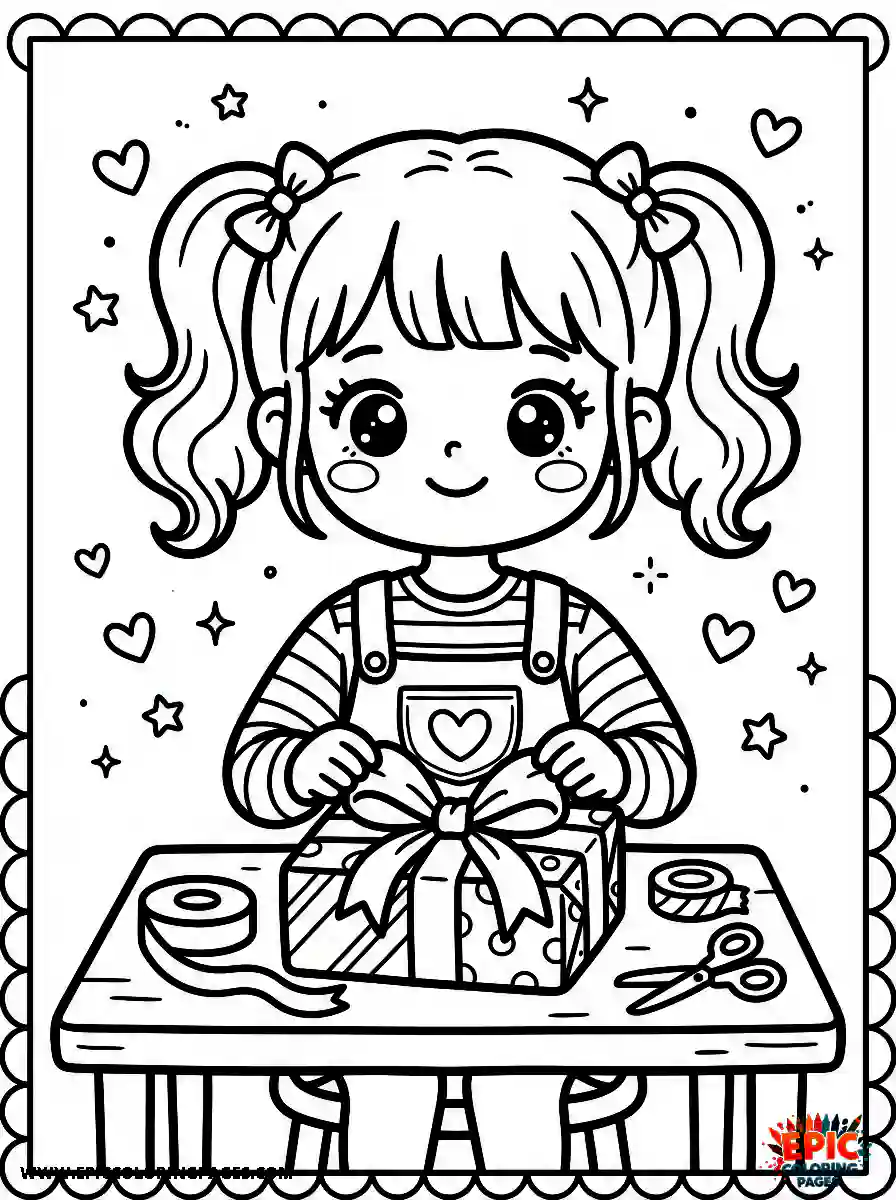 Kawaii Girl The kawaii girl carefully tying a ribbon on a present