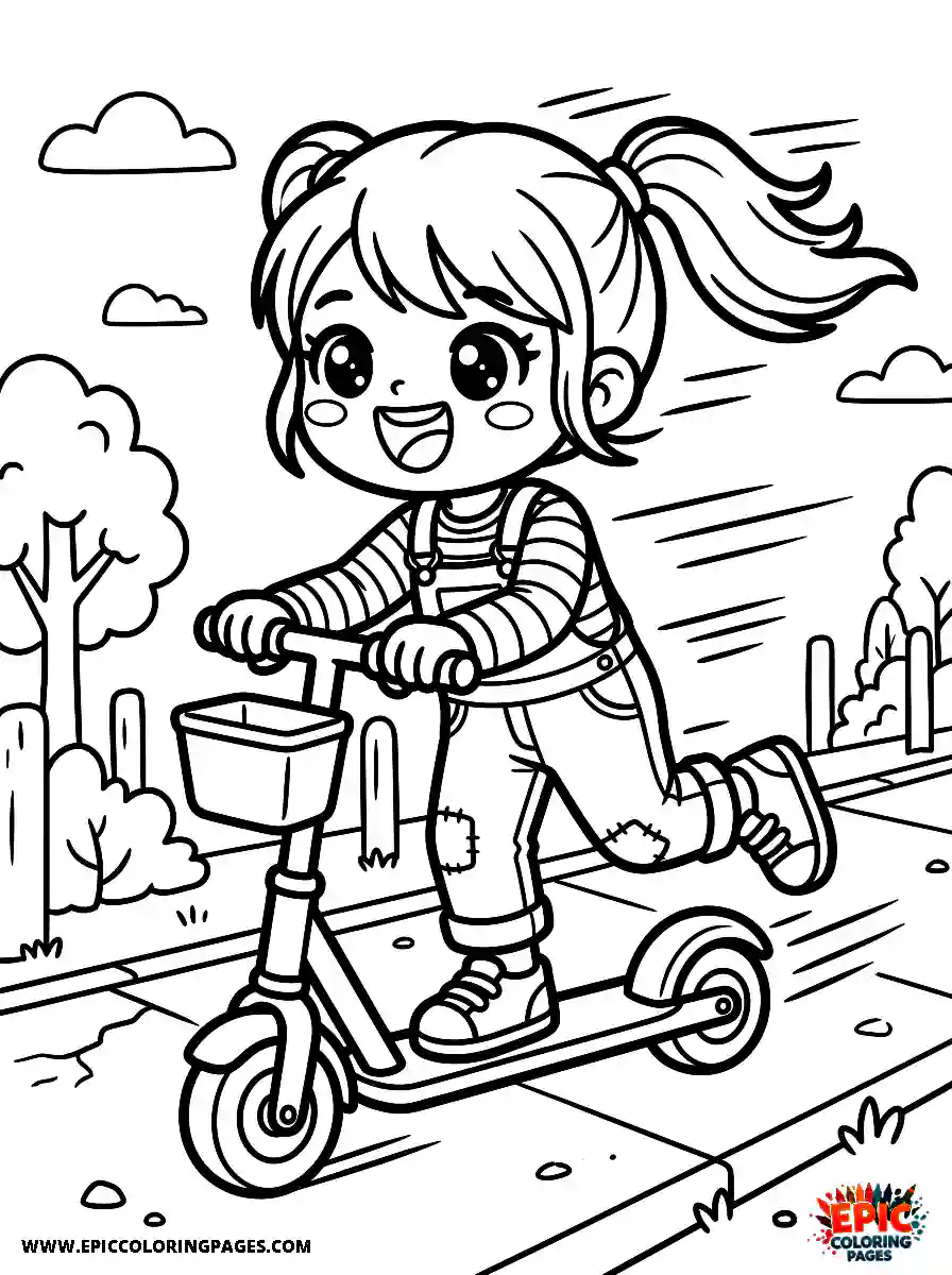 Kawaii Girl The kawaii girl riding a scooter fast down a sidewalk
