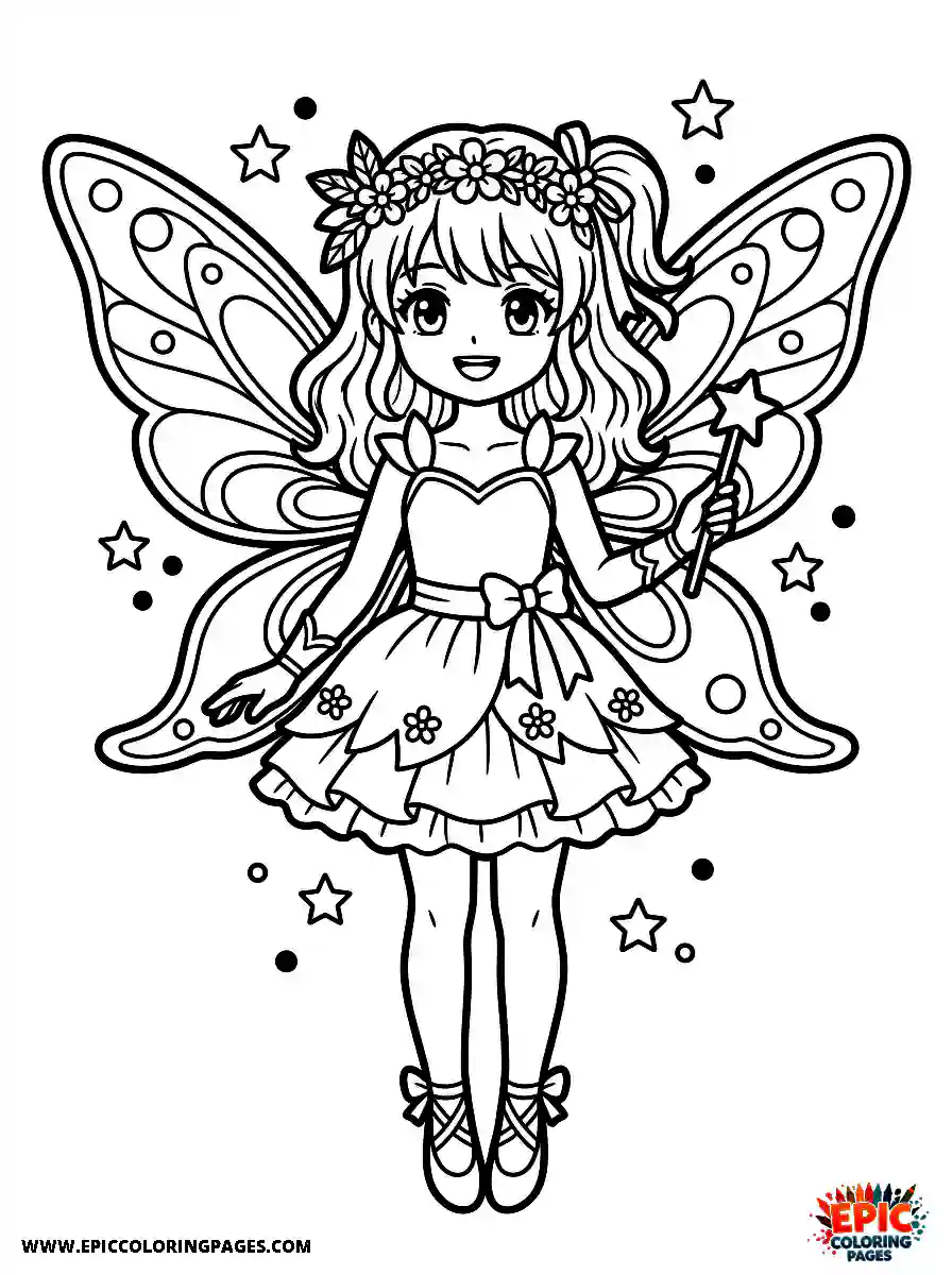 Anime Girl Magical fairy anime girl with wings simple line art