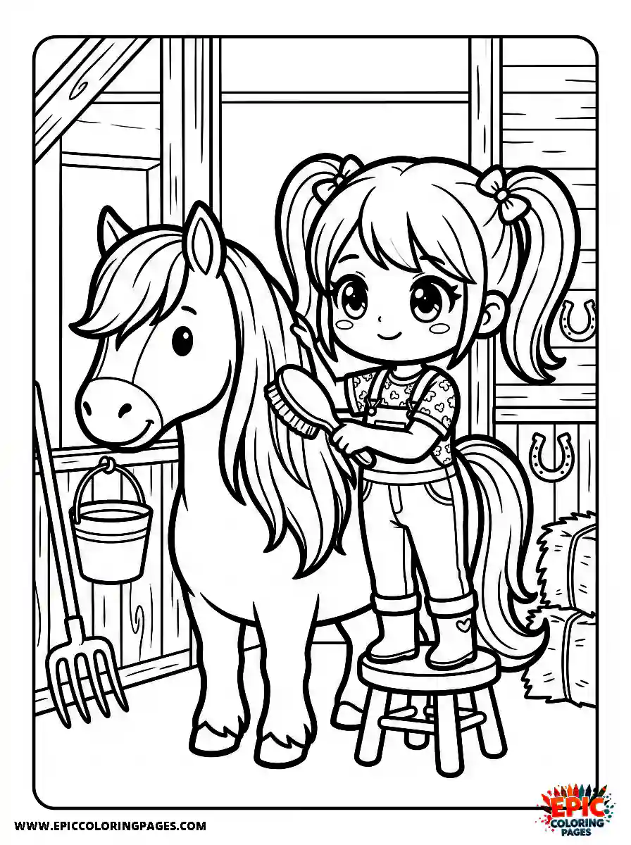 Chibi Girl Playful chibi girl brushing a horse mane in the stable