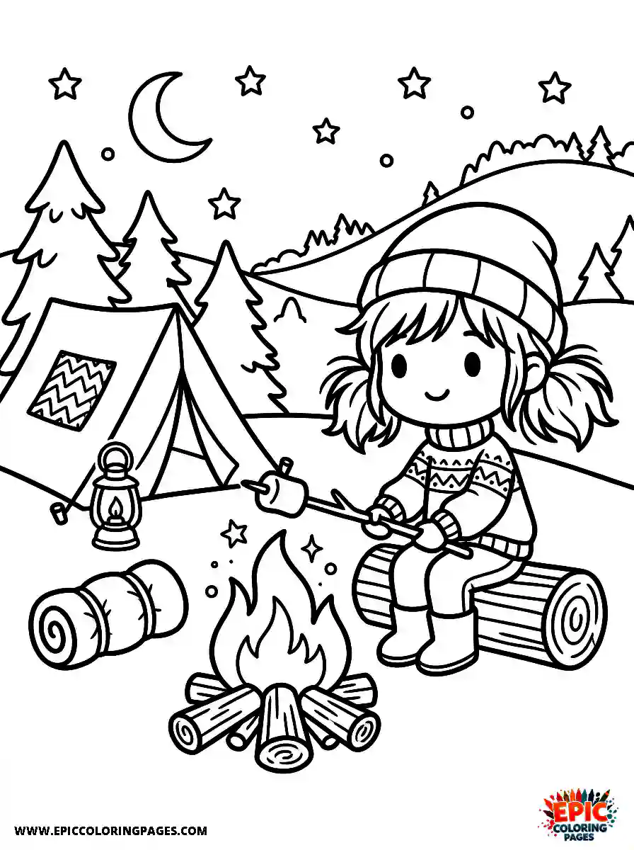 Chibi Girl Playful chibi girl camping and roasting marshmallows by the fire