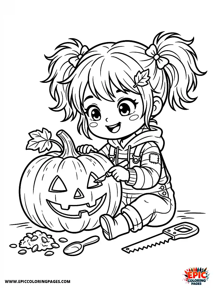 Chibi Girl Playful chibi girl carving a halloween pumpkin