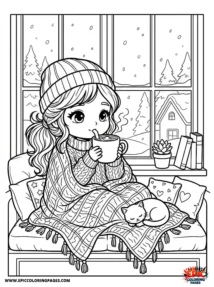 Chibi Girl Playful chibi girl drinking hot cocoa wrapped in a cozy blanket near a window