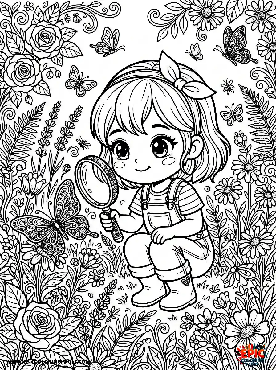 Chibi Girl Playful chibi girl examining a butterfly with a magnifying glass
