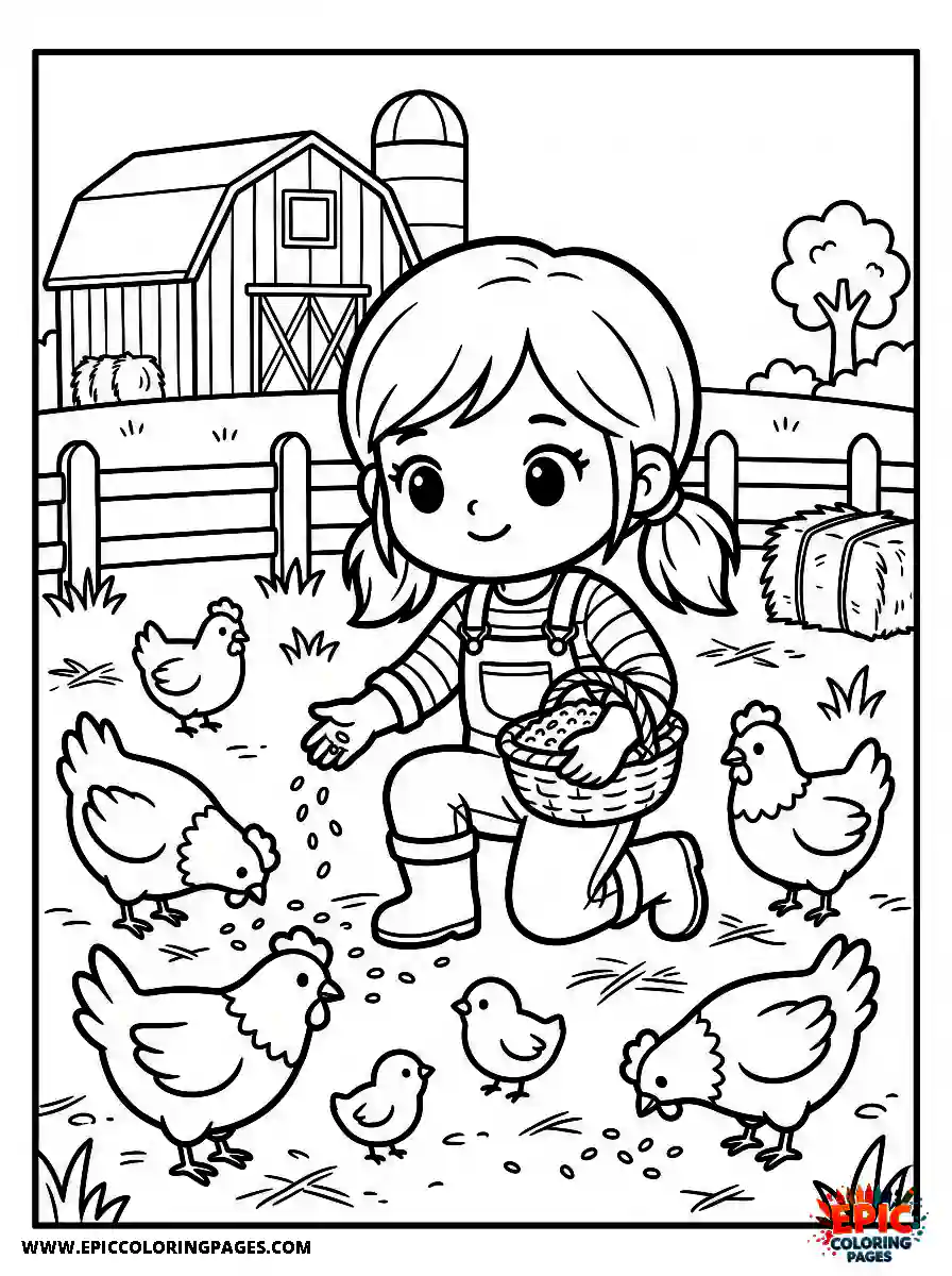 Chibi Girl Playful chibi girl feeding chickens in the farmyard