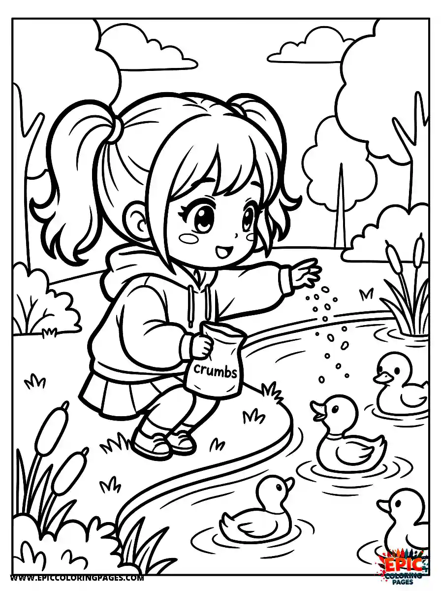 Chibi Girl Playful chibi girl feeding ducks by tossing crumbs into a pond