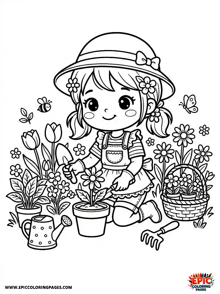 Chibi Girl Playful chibi girl gardening with beautiful flowers