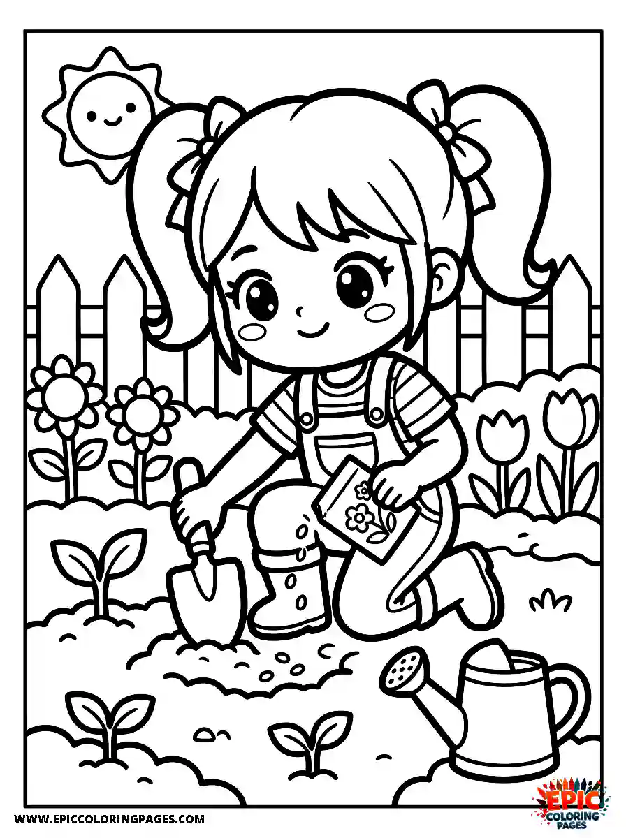 Chibi Girl Playful chibi girl gardening with a shovel while planting seeds