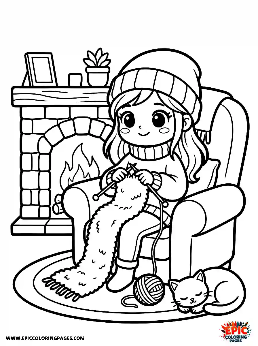 Chibi Girl Playful chibi girl knitting a warm scarf by a cozy fireplace