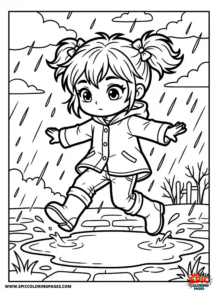 Chibi Girl Playful chibi girl leaping across wet ground after a storm