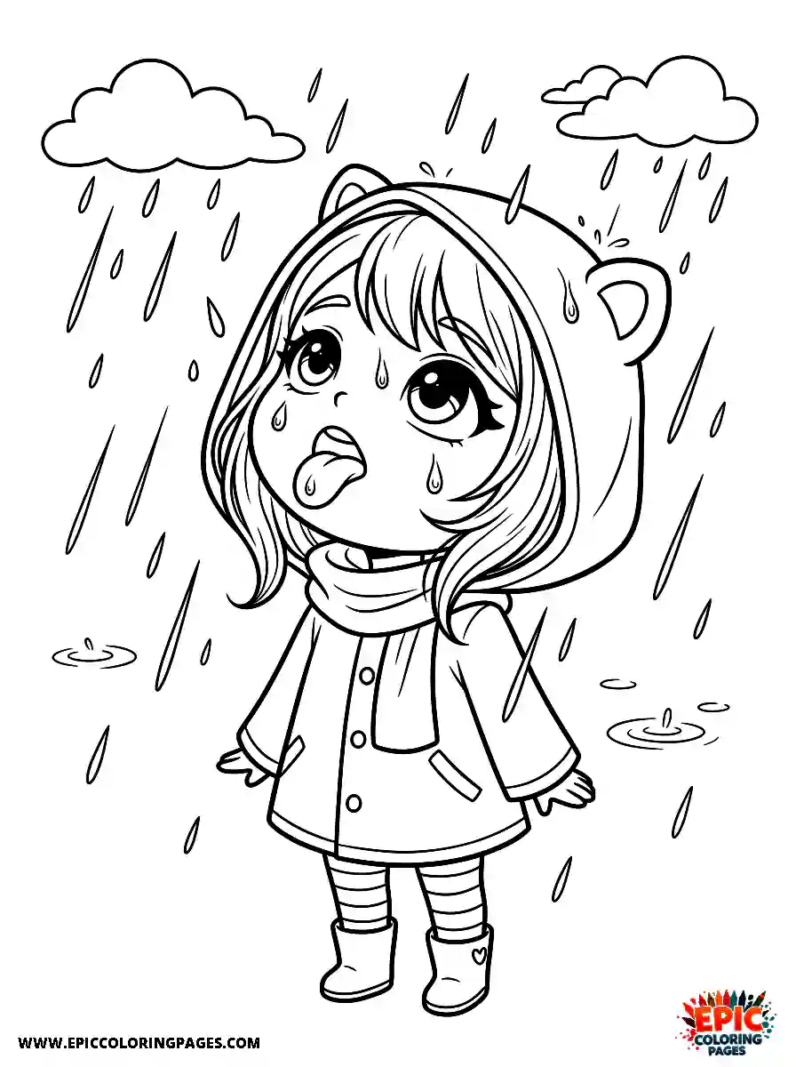 Chibi Girl Playful chibi girl looking up to catch rain while playing outside