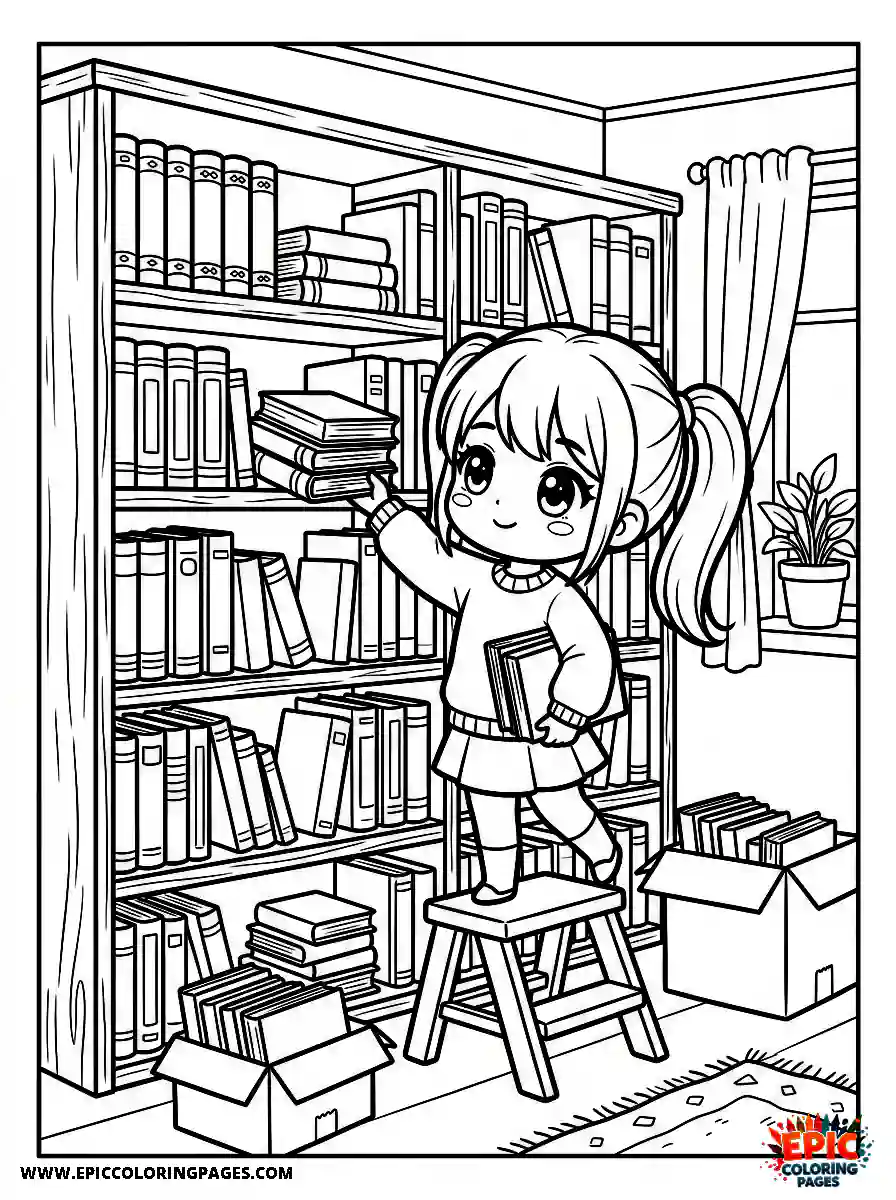 Chibi Girl Playful chibi girl organizing her bookshelf by color