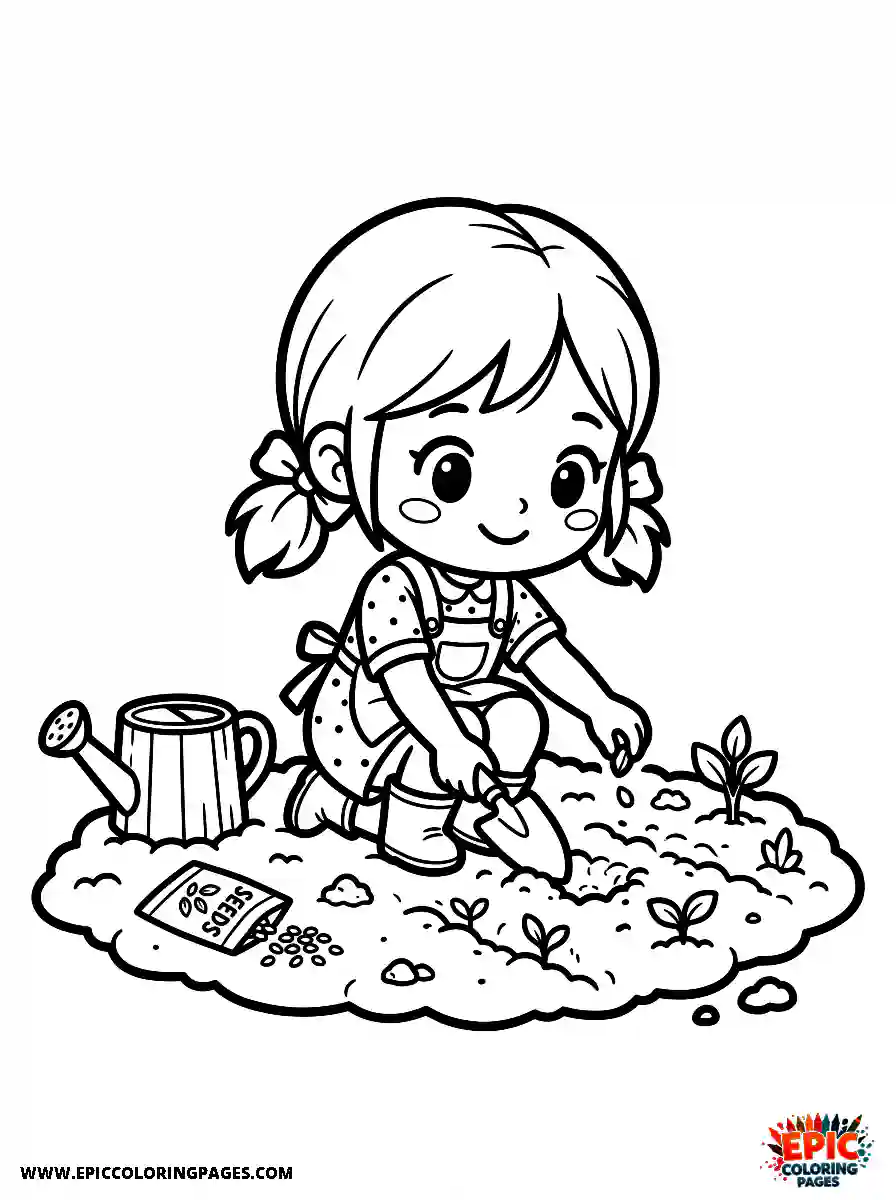Chibi Girl Playful chibi girl planting tiny seeds in the dirt