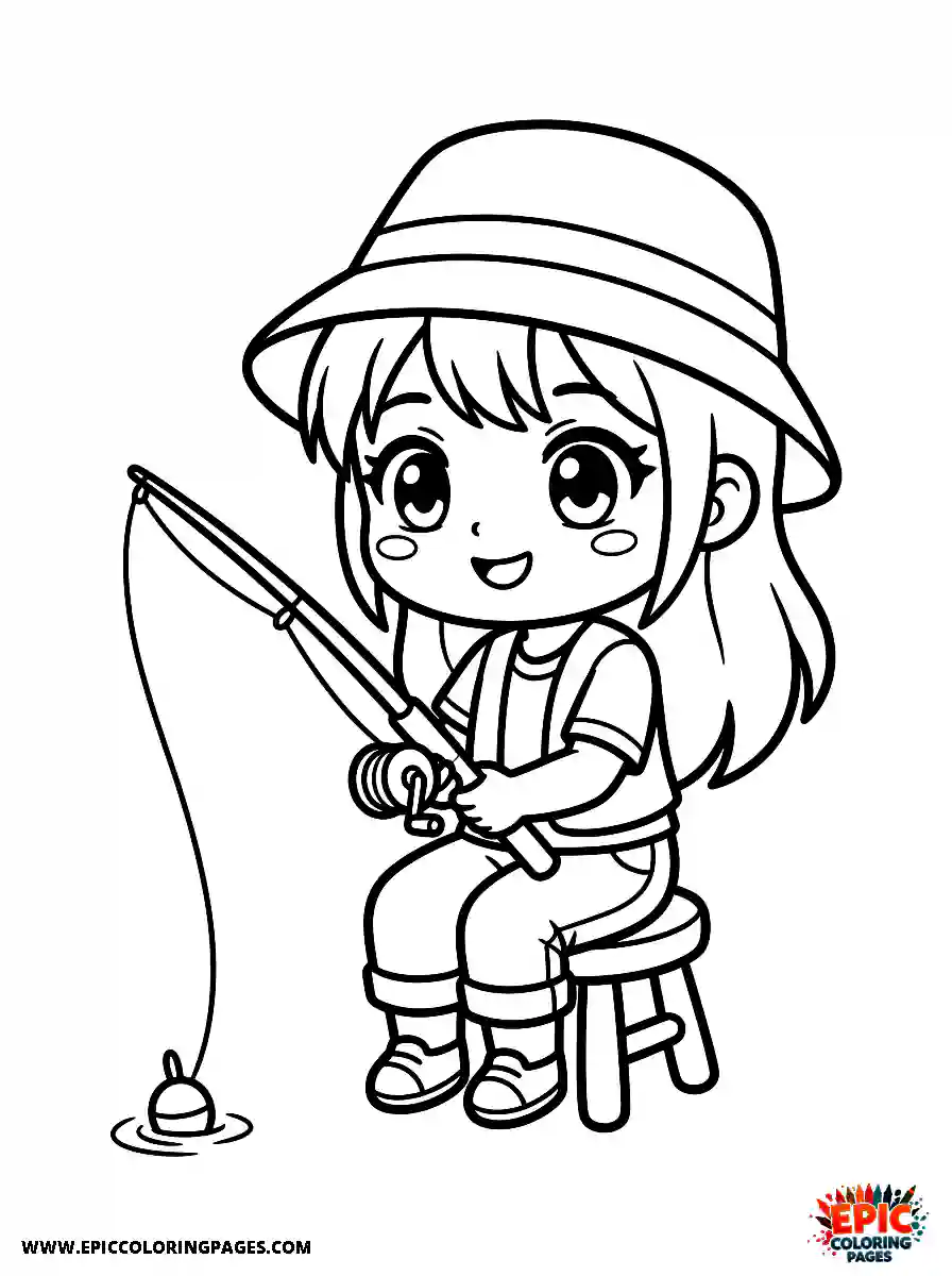 Chibi Girl Playful chibi girl waiting for a catch while fishing outdoors