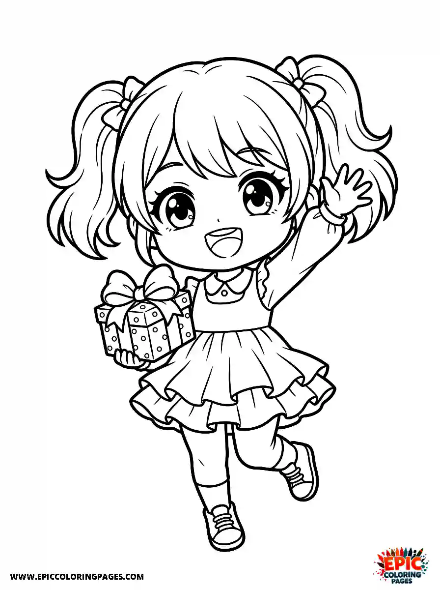 Chibi Girl Playful chibi girl waving excitedly while holding a small gift box