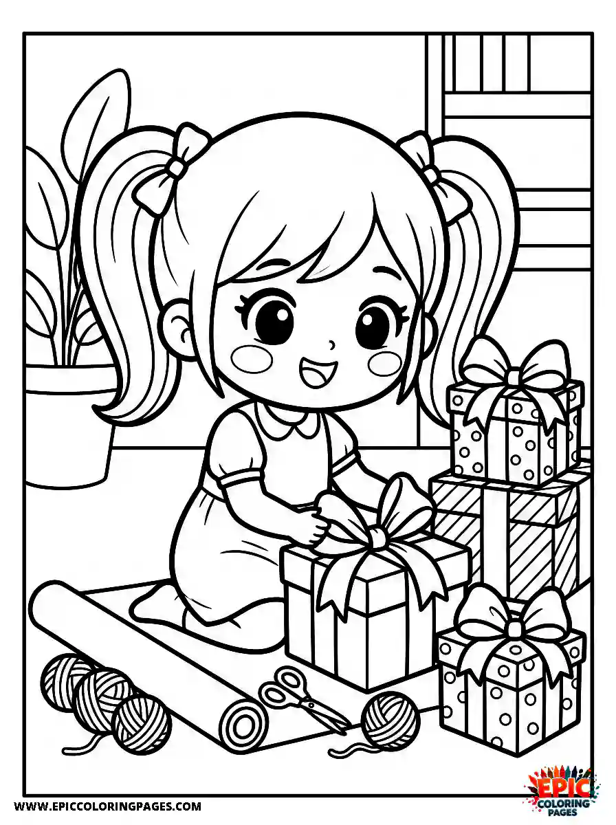 Chibi Girl Playful chibi girl wrapping presents with a ribbon bow