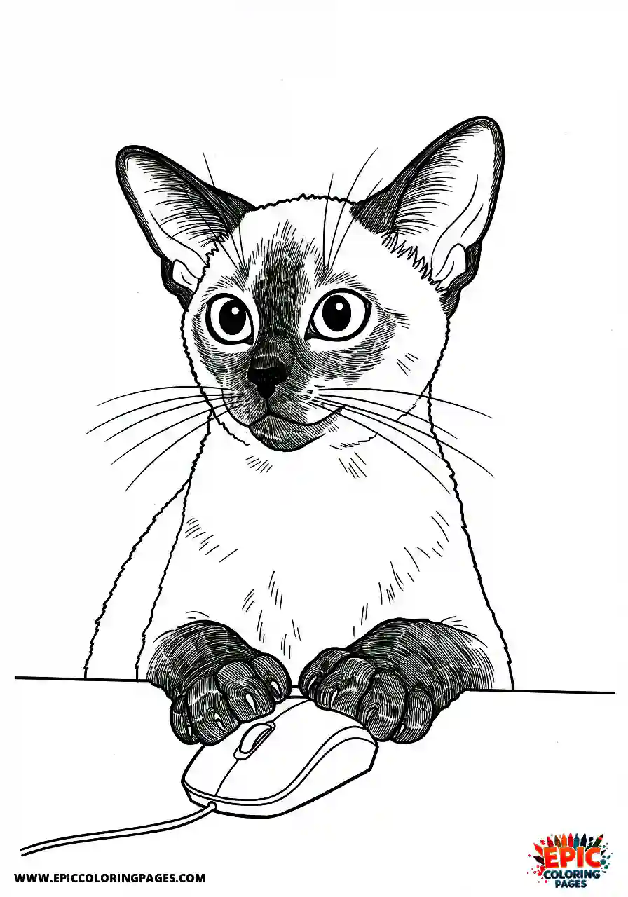 Siamese Cat A Siamese cartoon cat trying to use a computer mouse.
