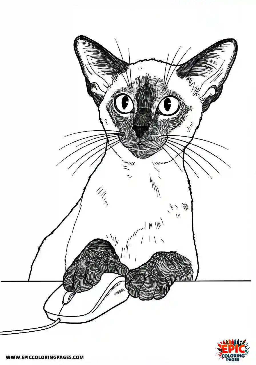 Siamese Cat Siamese cute cartoon cat using a computer mouse.