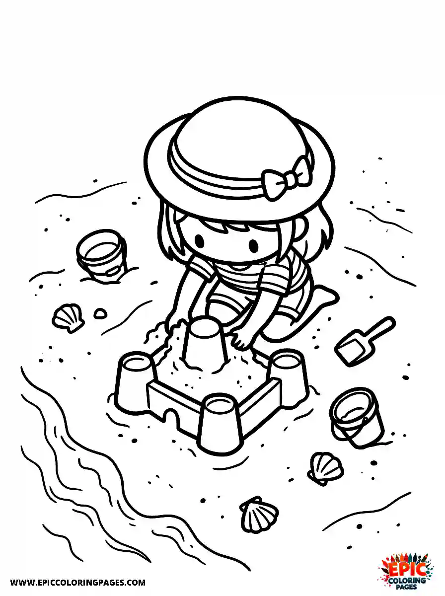 Chibi Girl Sweet chibi girl building a sandcastle at the beach with determination