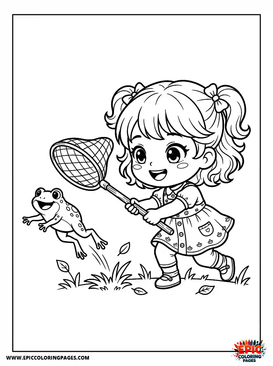 Chibi Girl Sweet chibi girl catching a frog in a pond