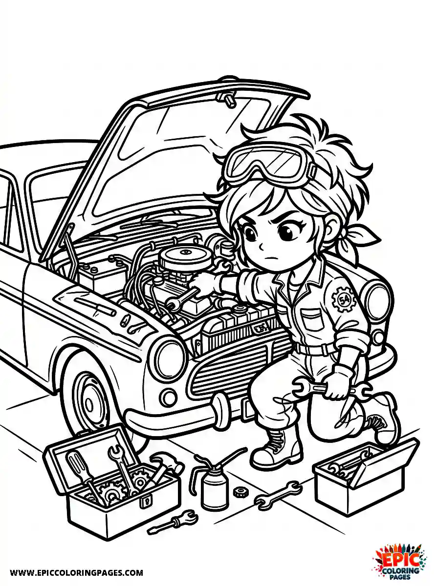 Chibi Girl Sweet chibi girl fixing a car as a mechanic