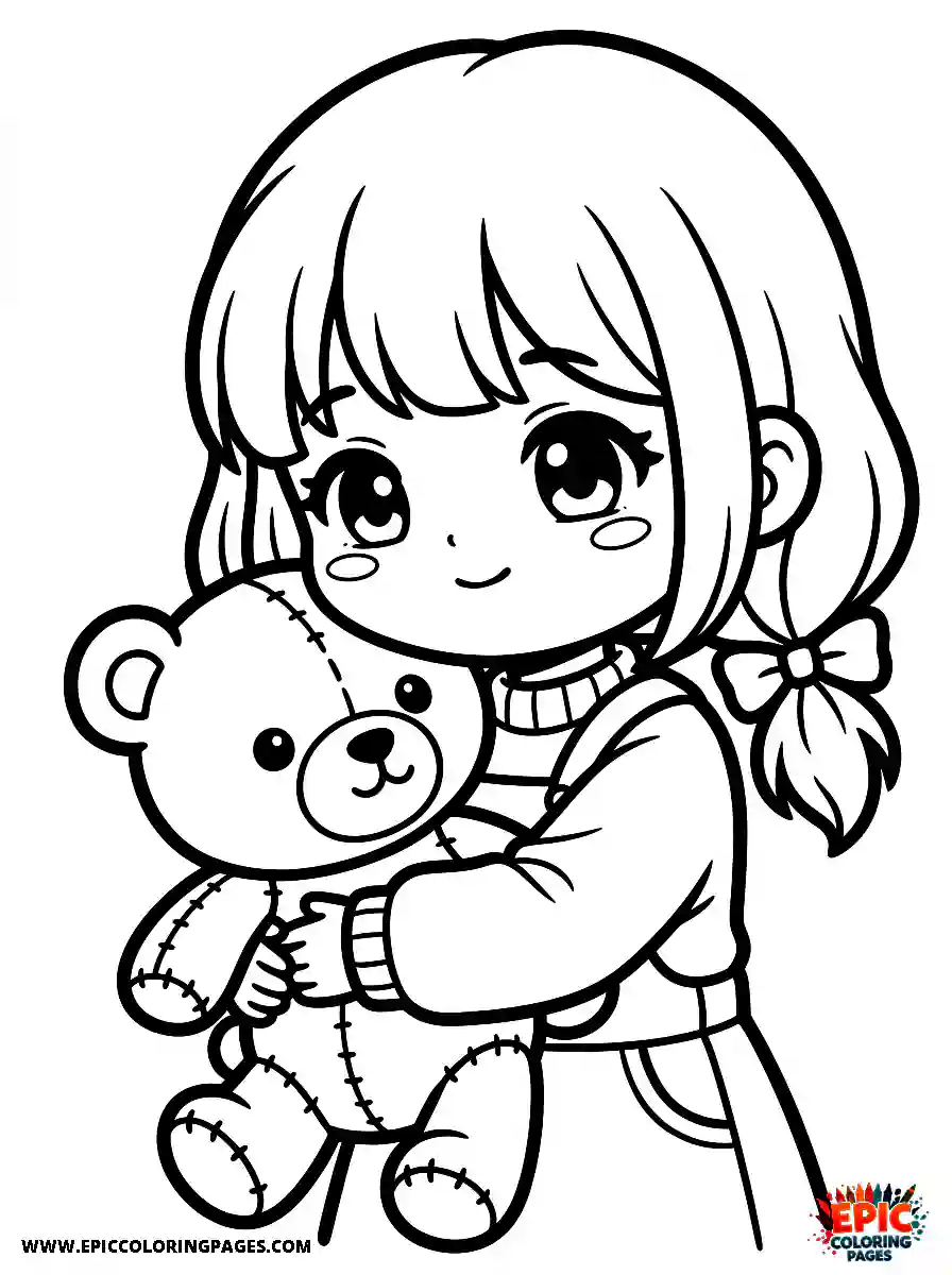 Chibi Girl Sweet chibi girl hugging a teddy bear tightly with comfort