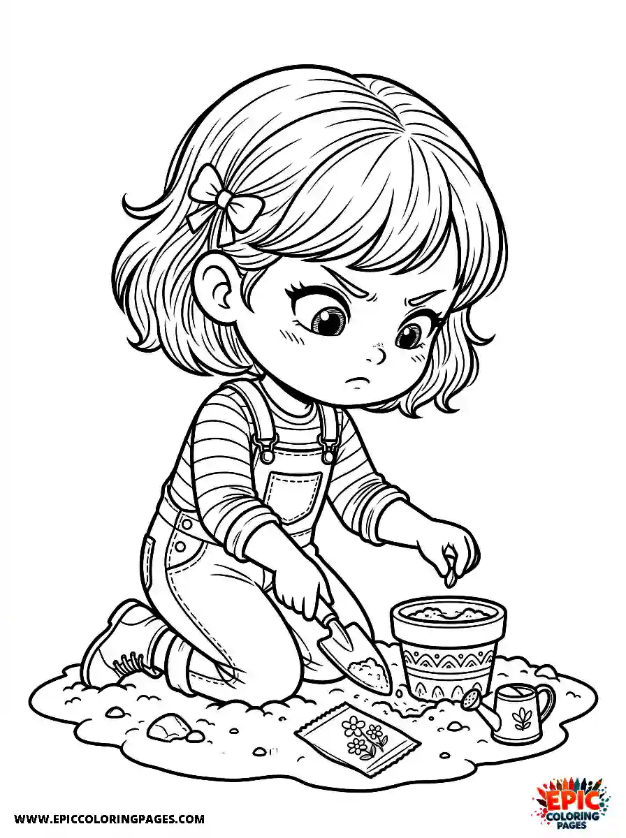 Chibi Girl Sweet chibi girl kneeling while planting a flower seed