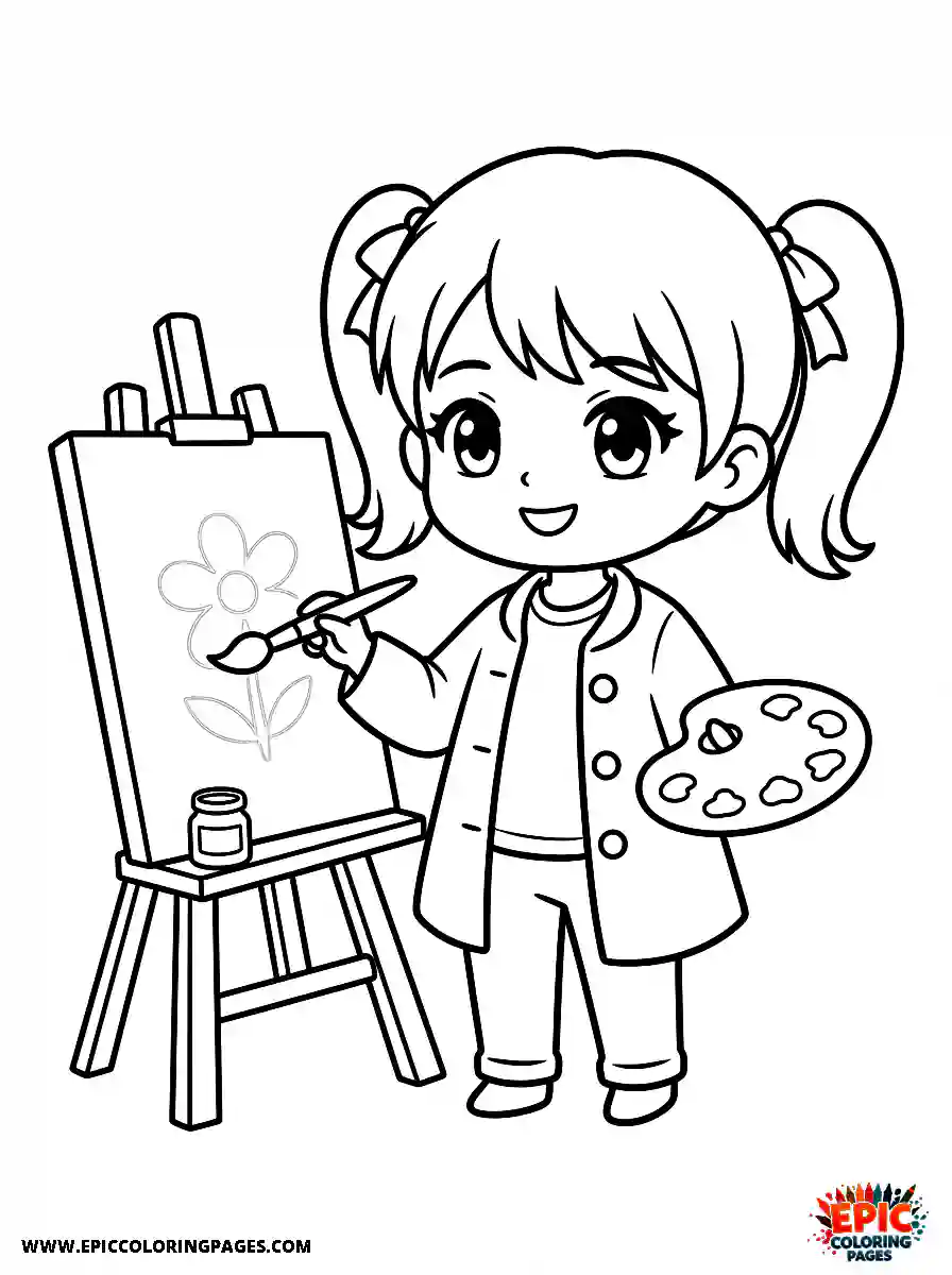 Chibi Girl Sweet chibi girl painting on a canvas with a brush