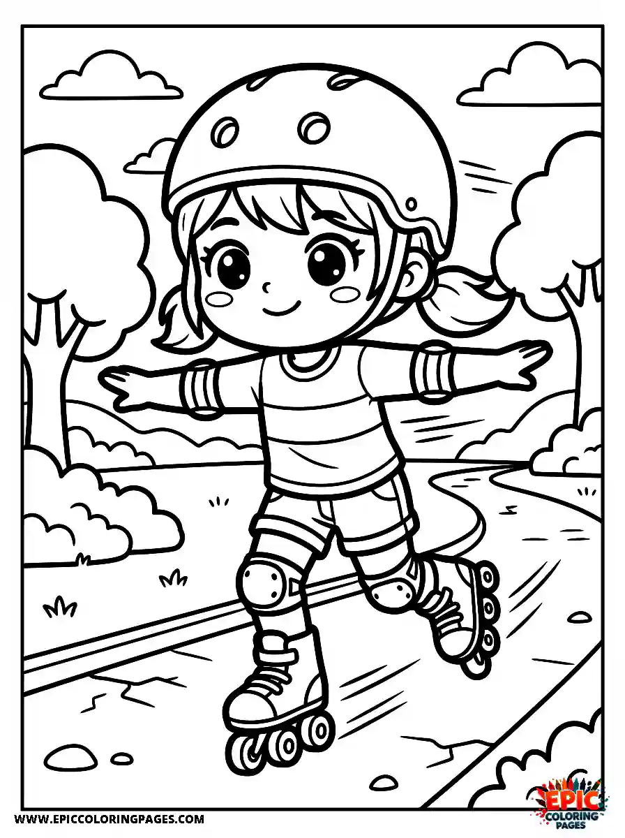 Chibi Girl Sweet chibi girl roller skating fast while balancing with arms wide in a park