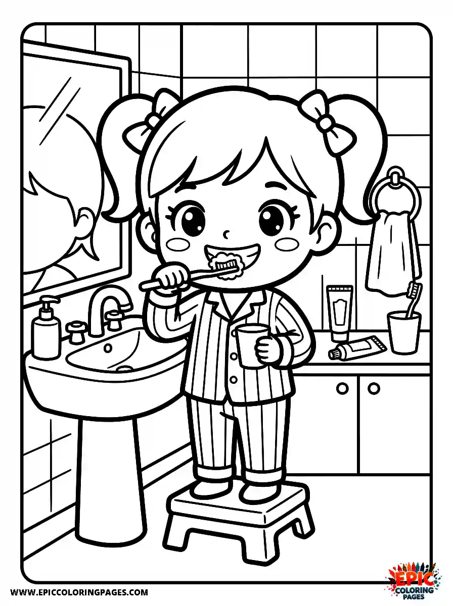 Chibi Girl Sweet chibi girl smiling while brushing her teeth in front of a sink