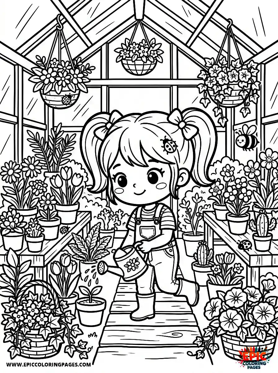 Chibi Girl Sweet chibi girl watering plants in a greenhouse