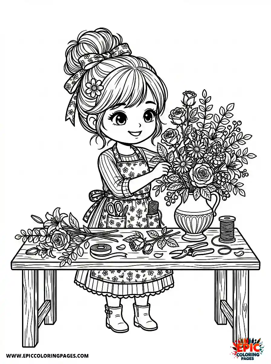Chibi Girl Sweet chibi girl working in a flower shop arranging bouquets