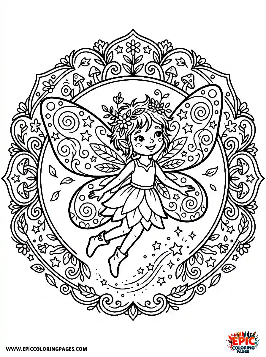 Mandala Girl Young mandala girl with thick lines wearing fairy wings while exploring a magical forest