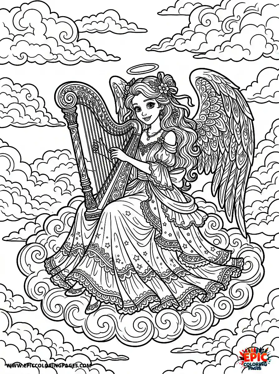 2D Disney Style Girl 2d disney style girl angel playing harp in sky with clouds