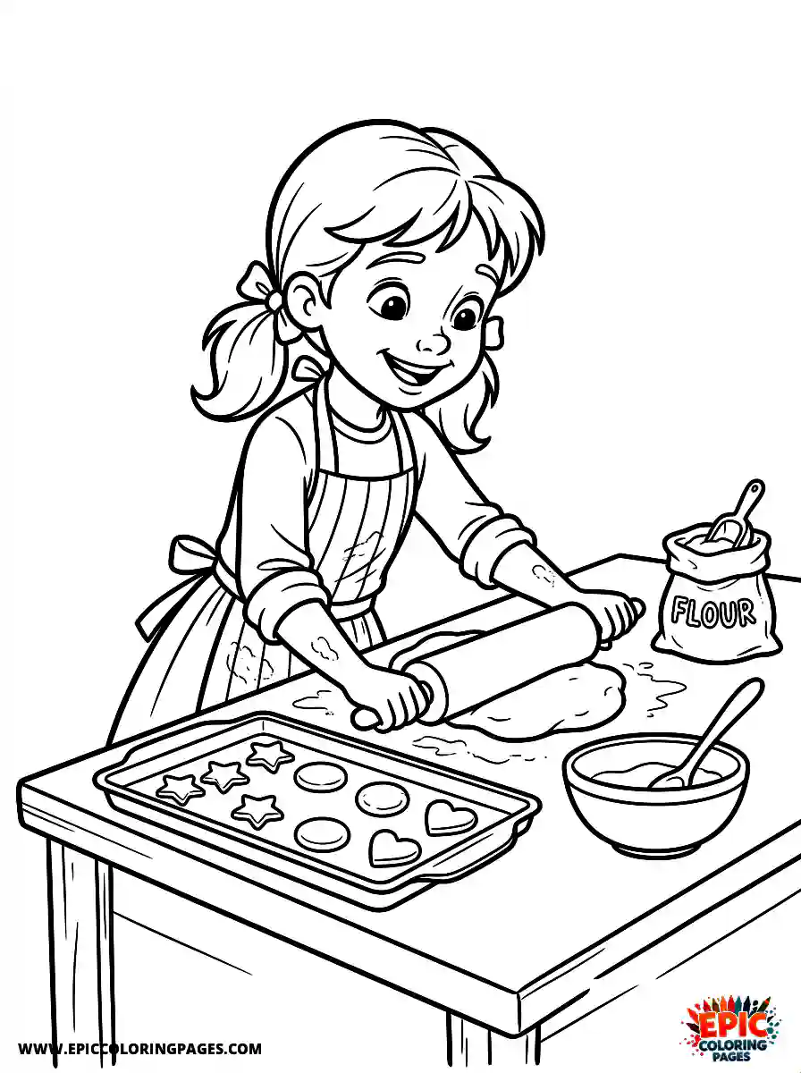 2D Disney Style Girl 2d disney style girl baking cookies in kitchen with flour and tray