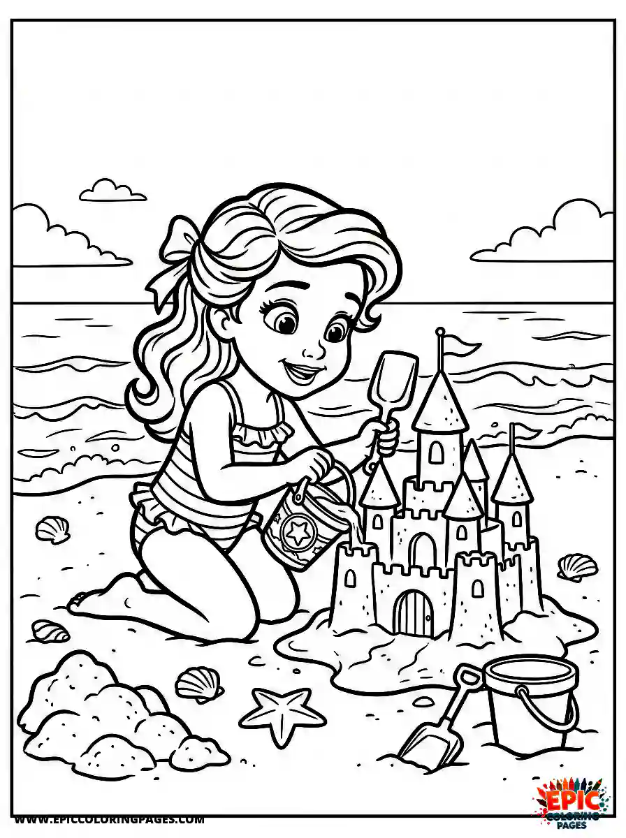 2D Disney Style Girl 2d disney style girl building sandcastle on beach