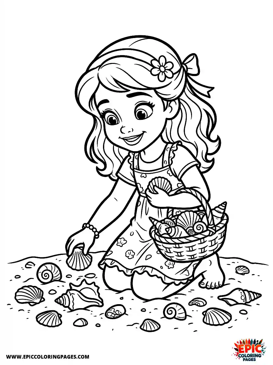 2D Disney Style Girl 2d disney style girl collecting seashells on beach