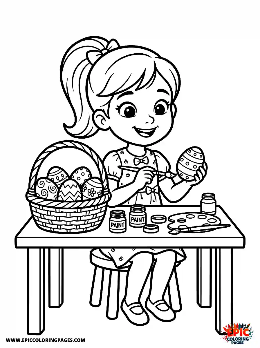 2D Disney Style Girl 2d disney style girl decorating easter eggs at home table with basket
