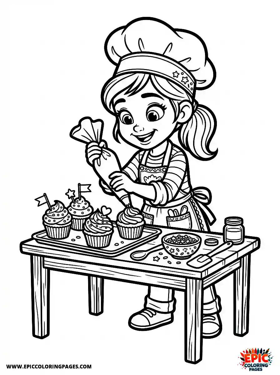 2D Disney Style Girl 2d disney style girl dressed as baker decorating cupcakes