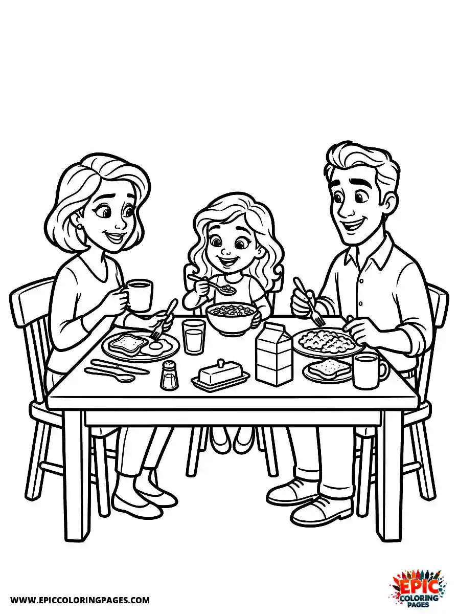 2D Disney Style Girl 2d disney style girl eating breakfast at kitchen table with family