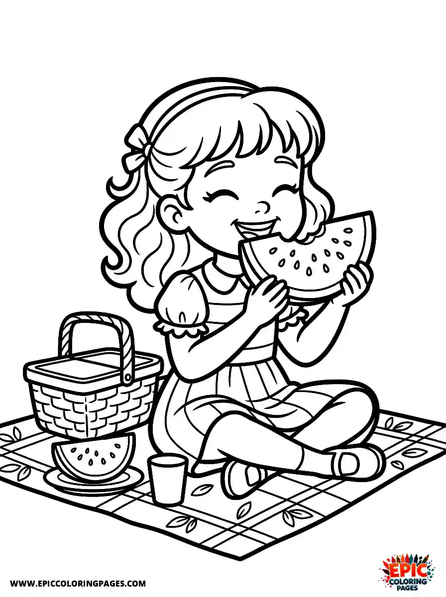 2D Disney Style Girl 2d disney style girl eating watermelon at picnic