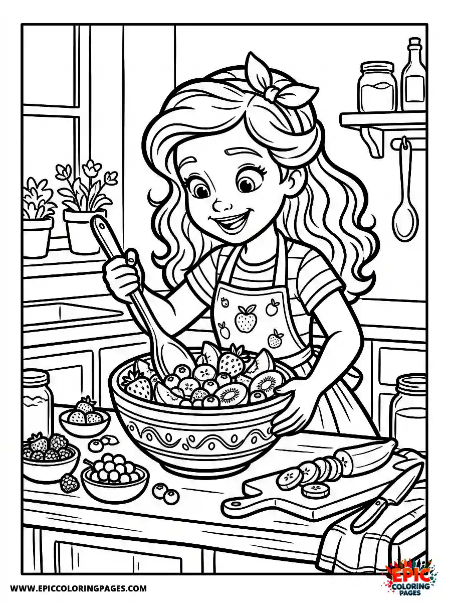 2D Disney Style Girl 2d disney style girl making fruit salad in bowl