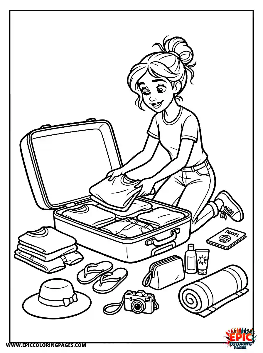 2D Disney Style Girl 2d disney style girl packing suitcase for vacation trip at home