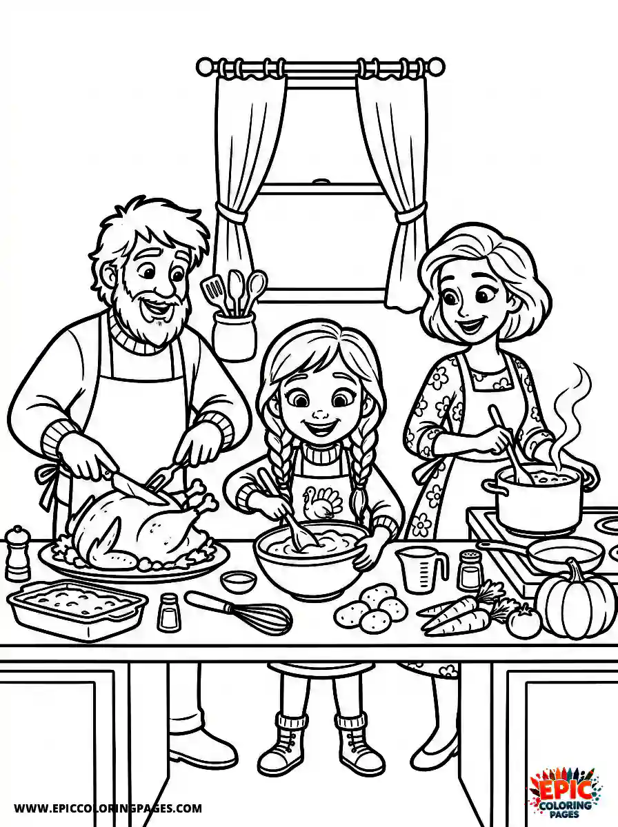 2D Disney Style Girl 2d disney style girl preparing thanksgiving dinner in kitchen with family