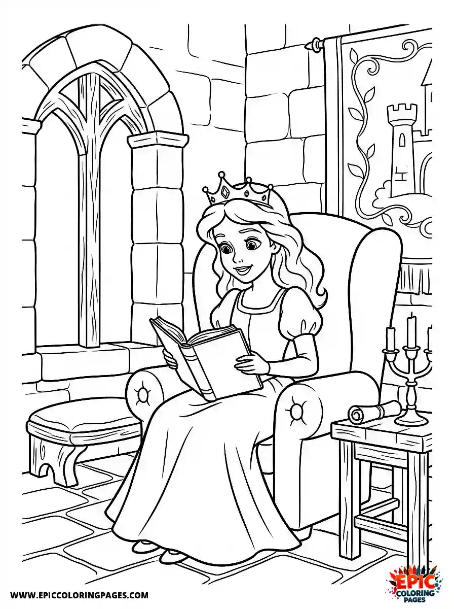 2D Disney Style Girl 2d disney style girl princess reading book in castle room wearing crown