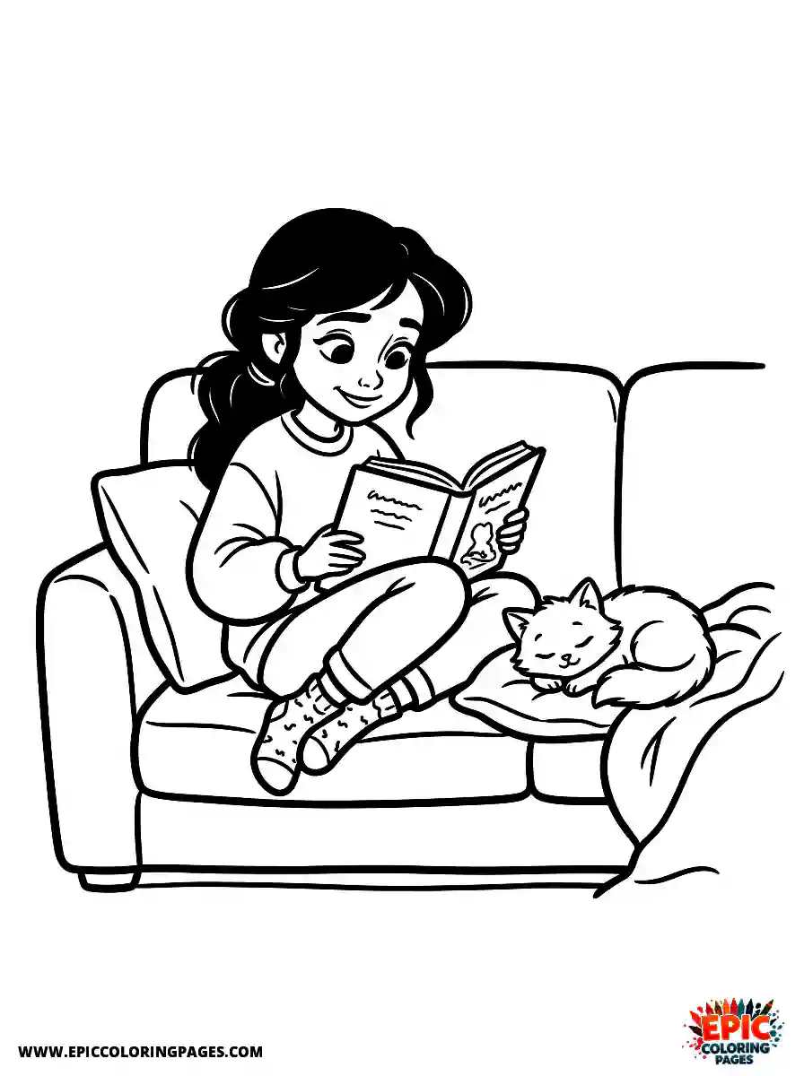 2D Disney Style Girl 2d disney style girl relaxing with pet cat on couch reading book