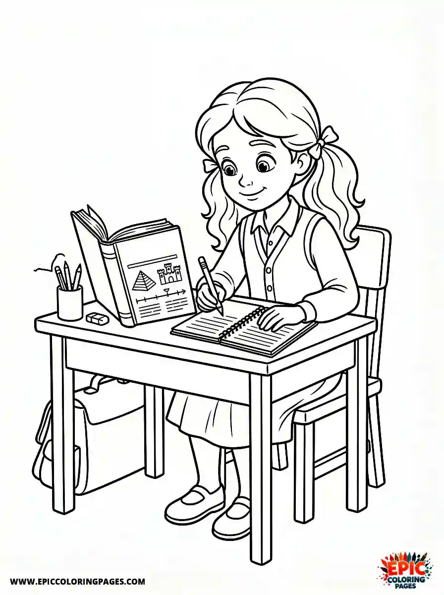 2D Disney Style Girl 2d disney style girl studying history at classroom desk with notebook