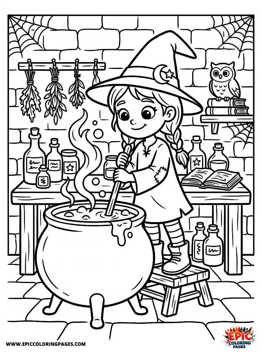 2D Disney Style Girl 2d disney style girl witch mixing potion in magic lab cauldron