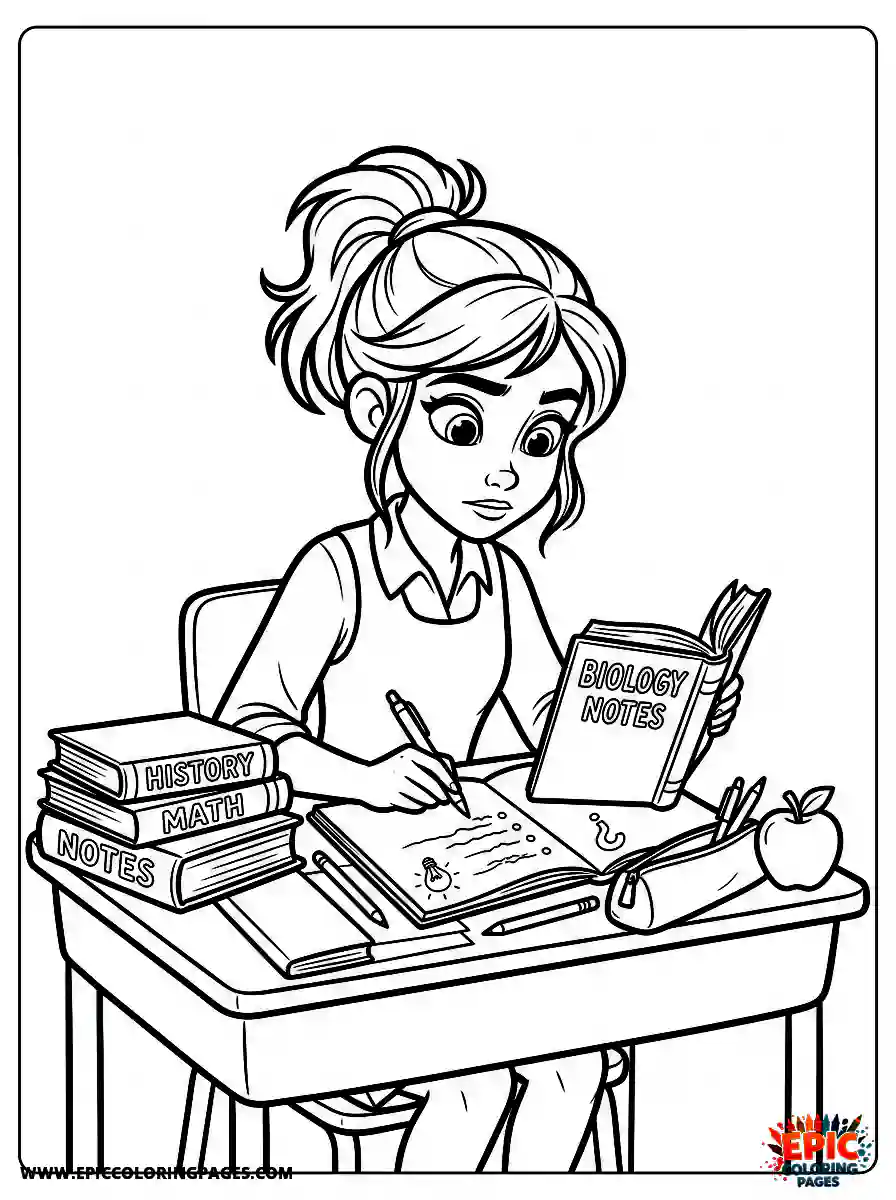 2D Disney Style Girl 2d disney style girl writing notes in classroom during exam preparation