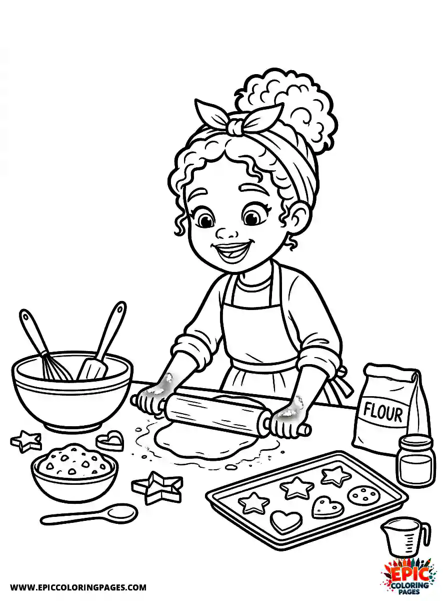 2D Disney Style Girl adorable 2d disney style girl baking cookies in home kitchen